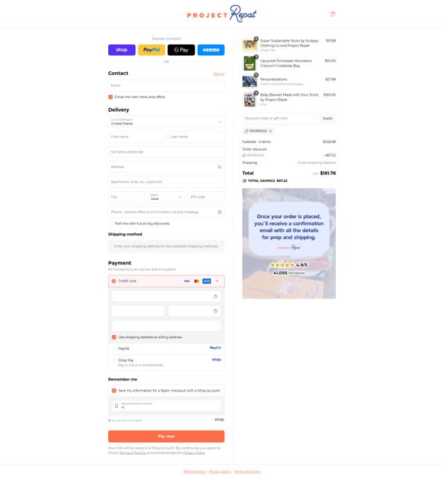 Project Repat checkout page showing Project Repat discount code box | Screenshot taken by SimplyCodes community member on Sep 15, 2025