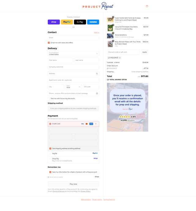 Project Repat checkout page showing Project Repat discount code box | Screenshot taken by SimplyCodes community member on Sep 15, 2025