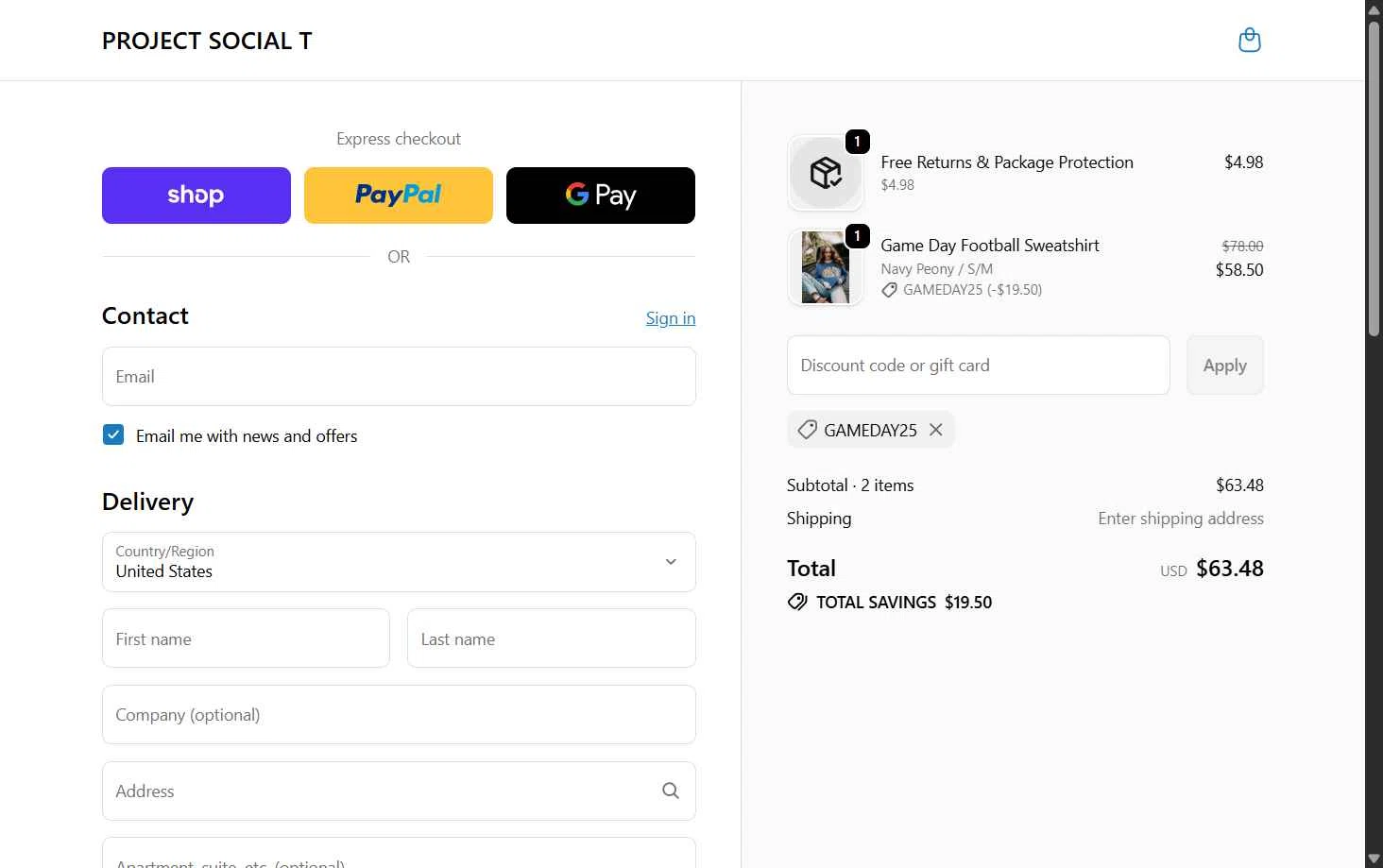 Project Social T checkout page showing Project Social T promo code box | Screenshot taken by SimplyCodes community member on Feb 6, 2026