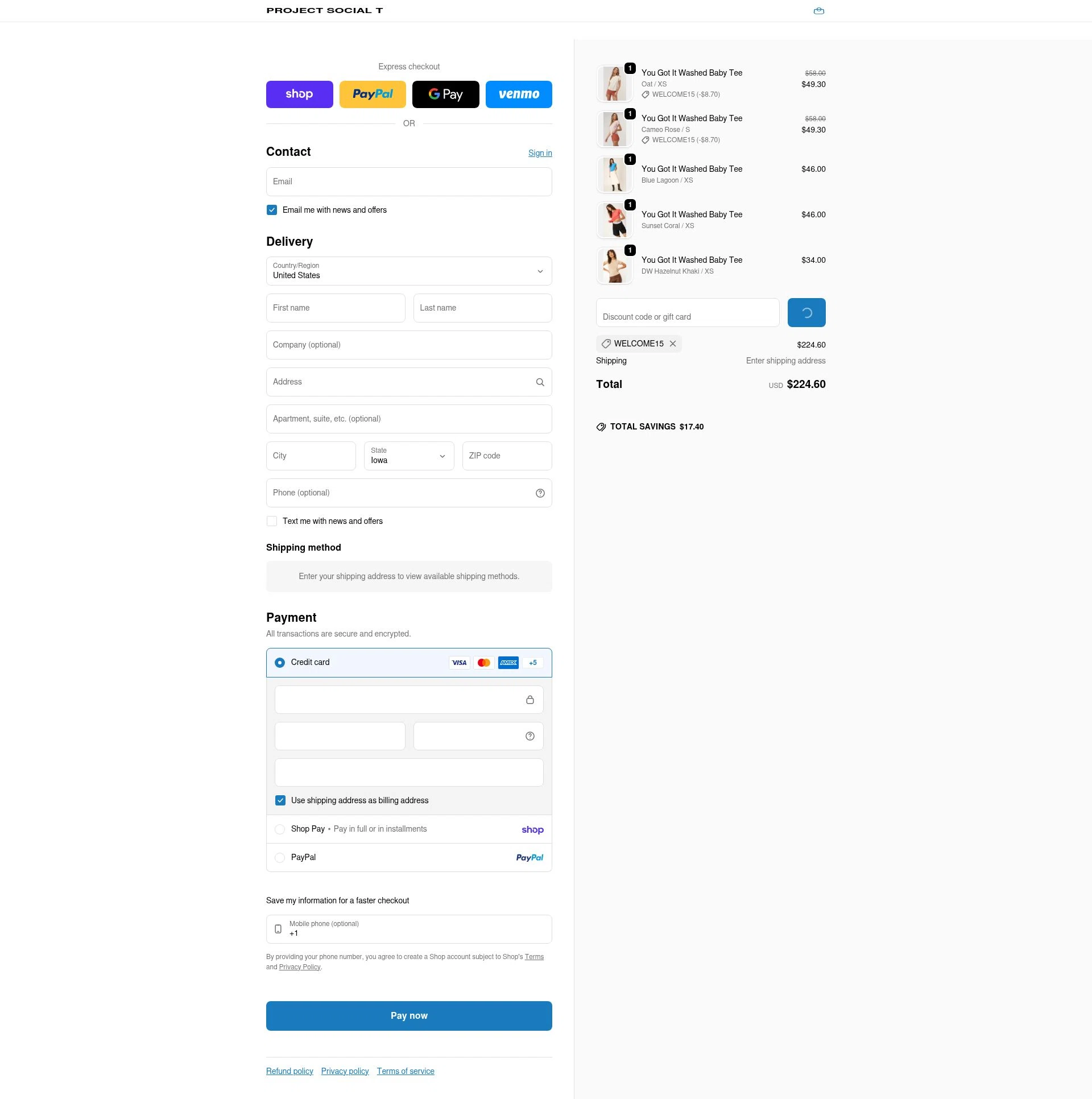 Project Social T checkout page showing Project Social T promo code box | Screenshot taken by SimplyCodes community member on Feb 15, 2026