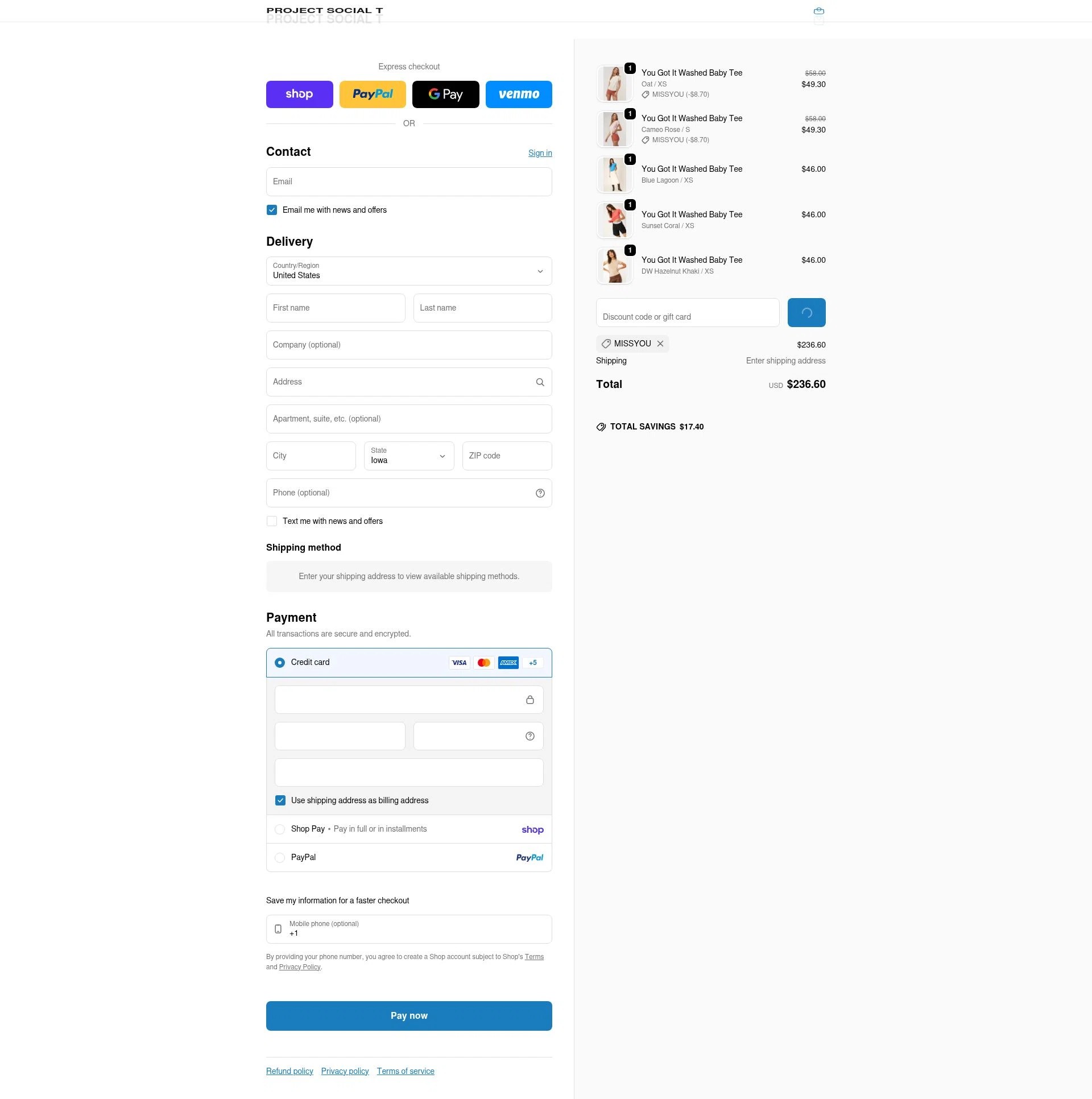 Project Social T checkout page showing Project Social T promo code box | Screenshot taken by SimplyCodes community member on Feb 7, 2026