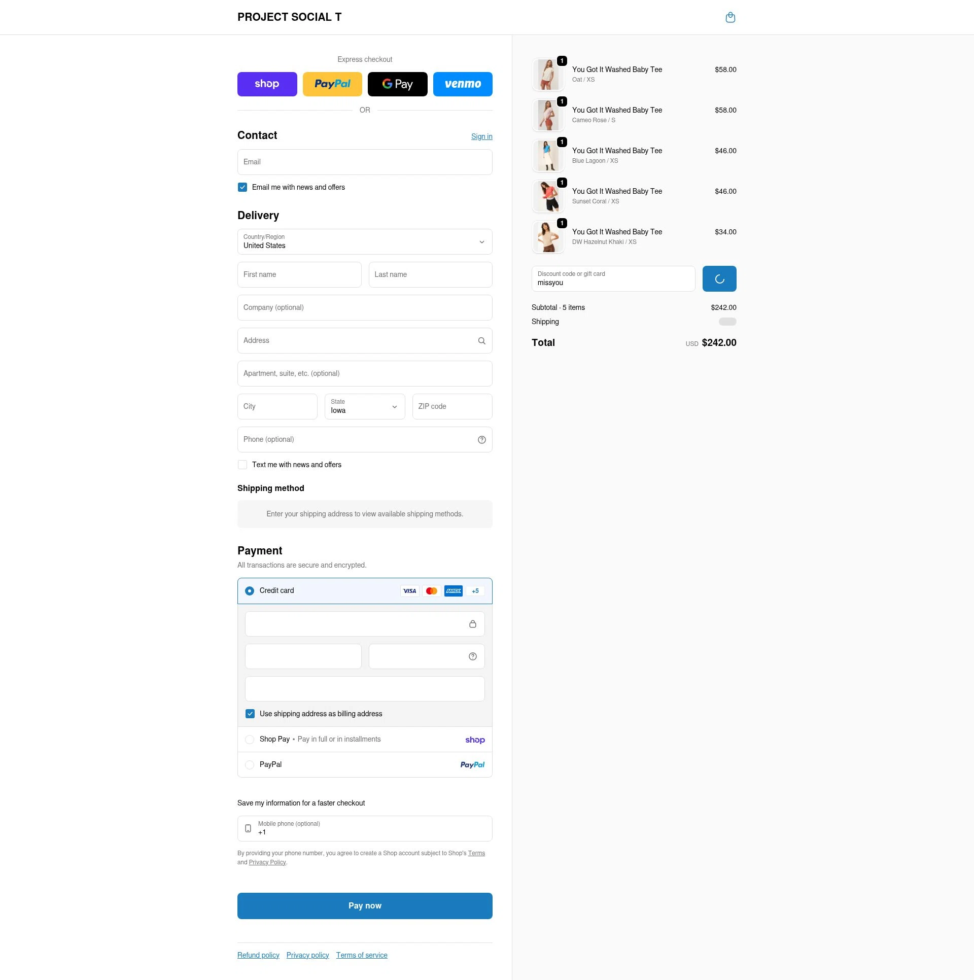 Project Social T checkout page showing Project Social T promo code box | Screenshot taken by SimplyCodes community member on Feb 20, 2026