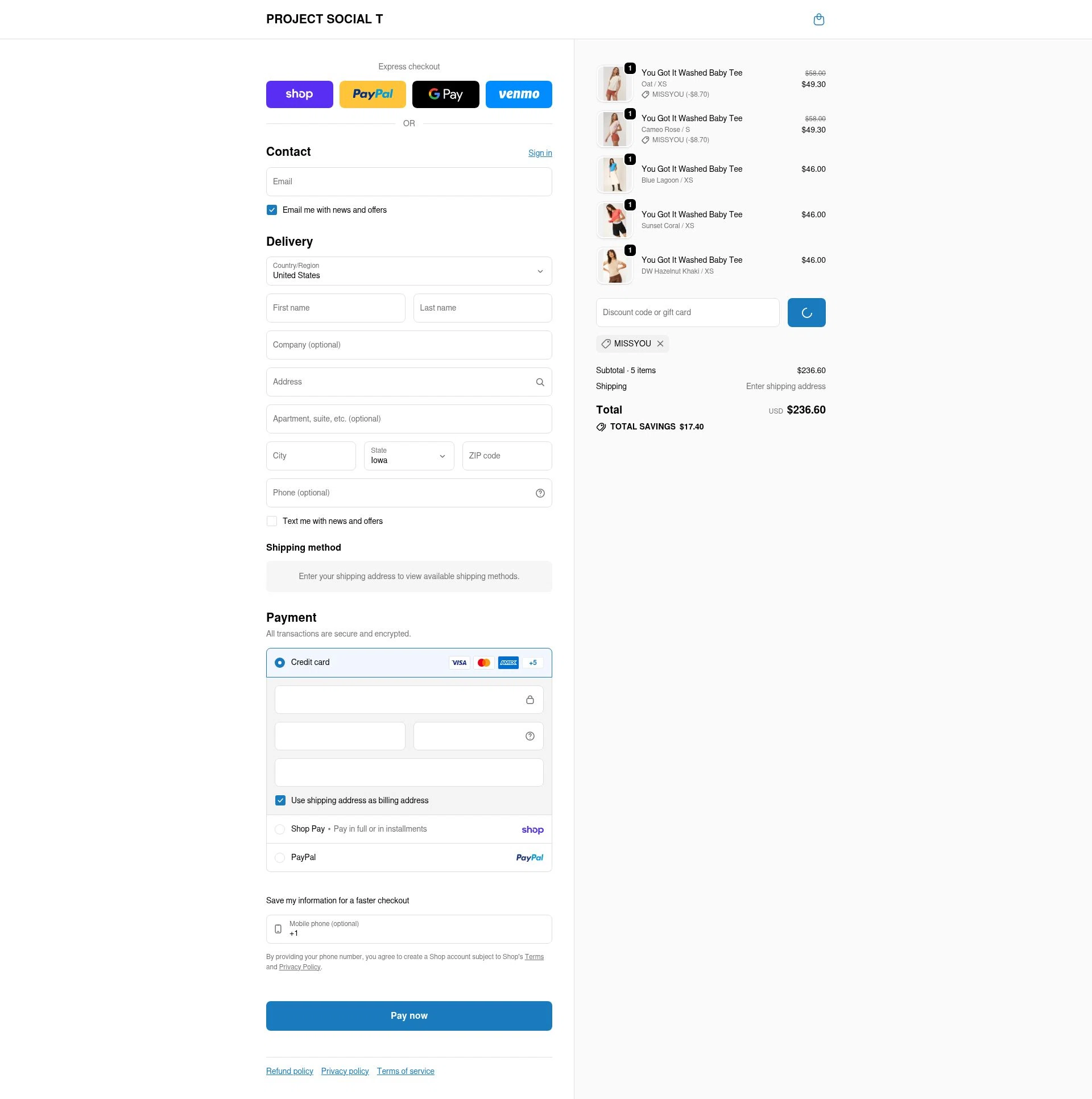 Project Social T checkout page showing Project Social T promo code box | Screenshot taken by SimplyCodes community member on Feb 11, 2026