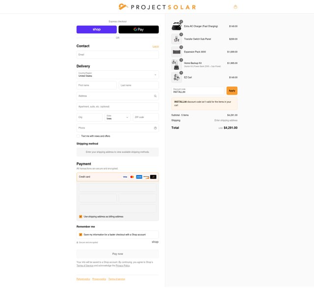 Project Solar checkout page showing Project Solar discount code box | Screenshot taken by SimplyCodes community member on Sep 4, 2025