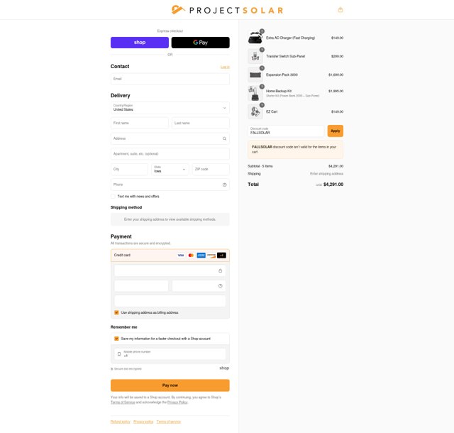 Project Solar checkout page showing Project Solar discount code box | Screenshot taken by SimplyCodes community member on Sep 4, 2025