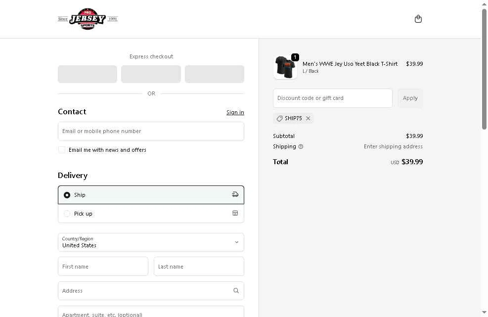 Pro Jersey Sports checkout page showing Pro Jersey Sports promo code box | Screenshot taken by SimplyCodes community member on Oct 31, 2025