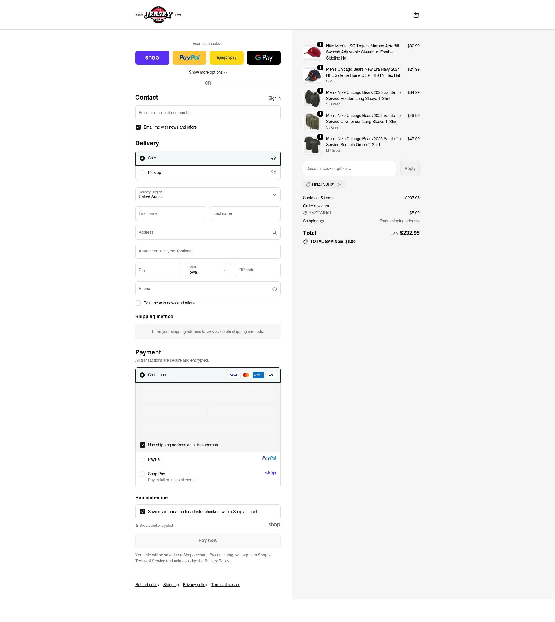 Pro Jersey Sports checkout page showing Pro Jersey Sports promo code box | Screenshot taken by SimplyCodes community member on Oct 6, 2025
