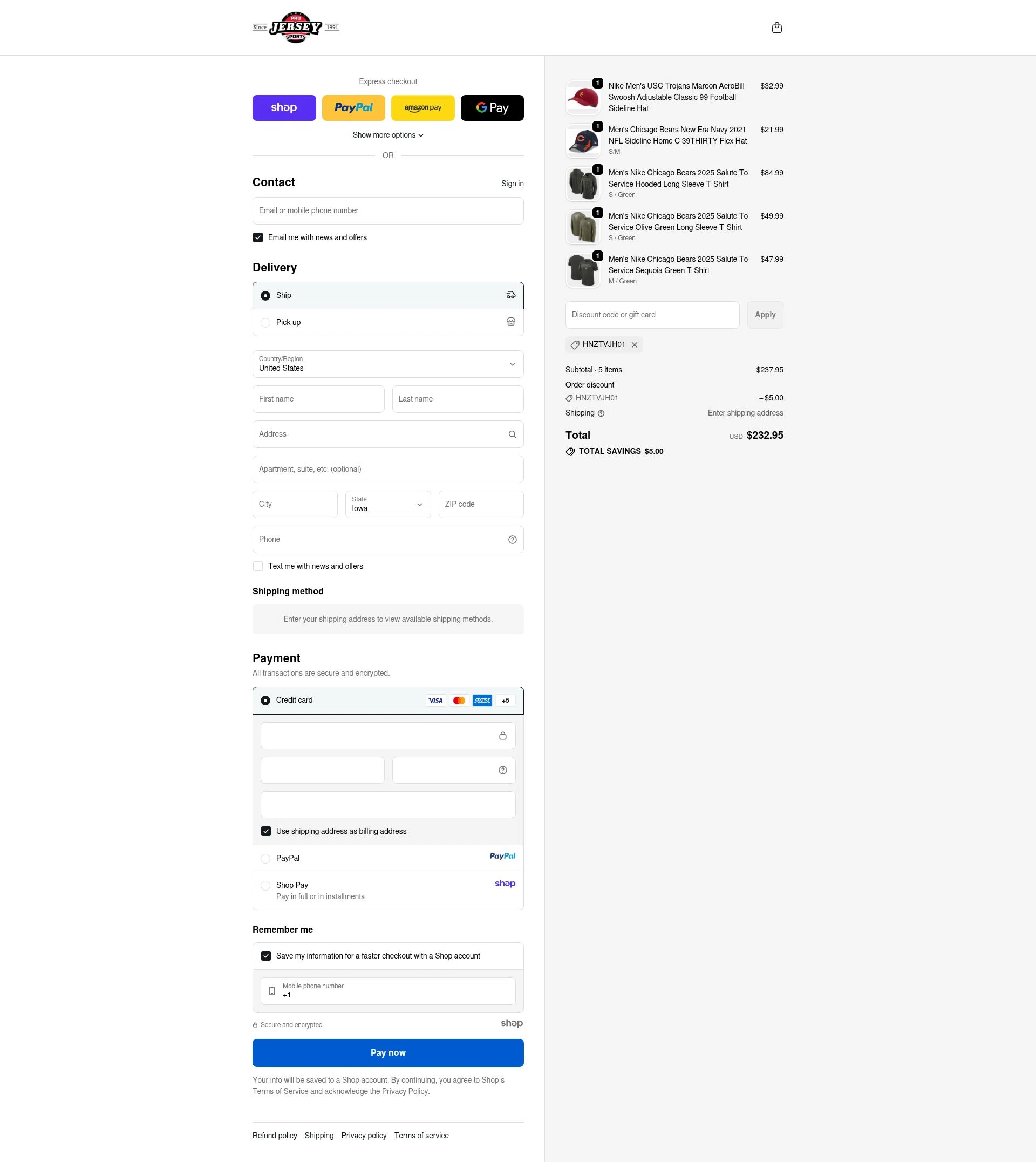 Pro Jersey Sports checkout page showing Pro Jersey Sports promo code box | Screenshot taken by SimplyCodes community member on Oct 9, 2025