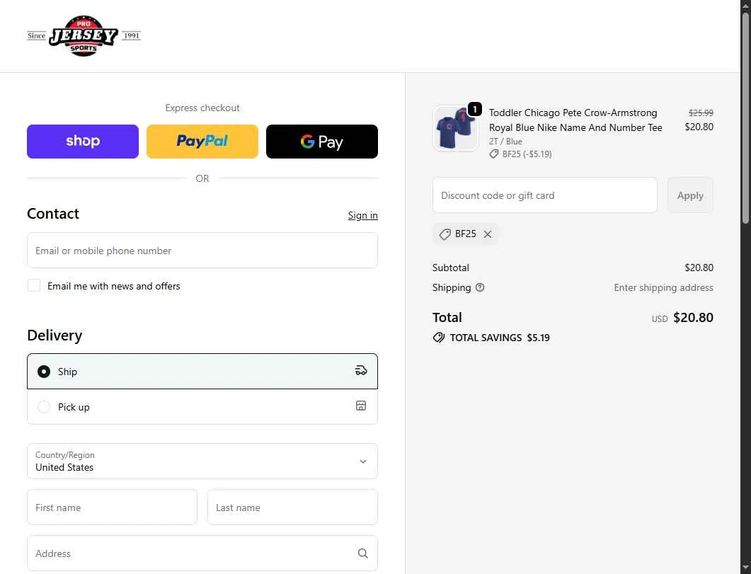 Pro Jersey Sports checkout page showing Pro Jersey Sports promo code box | Screenshot taken by SimplyCodes community member on Nov 30, 2025