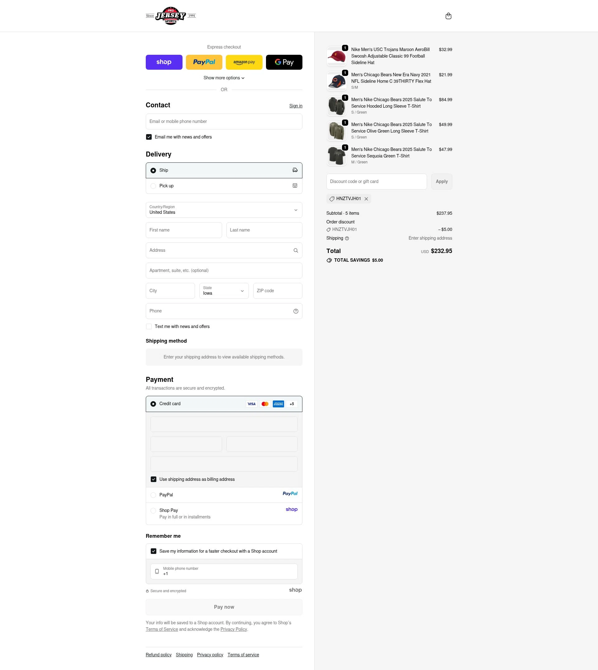 Pro Jersey Sports checkout page showing Pro Jersey Sports promo code box | Screenshot taken by SimplyCodes community member on Oct 22, 2025