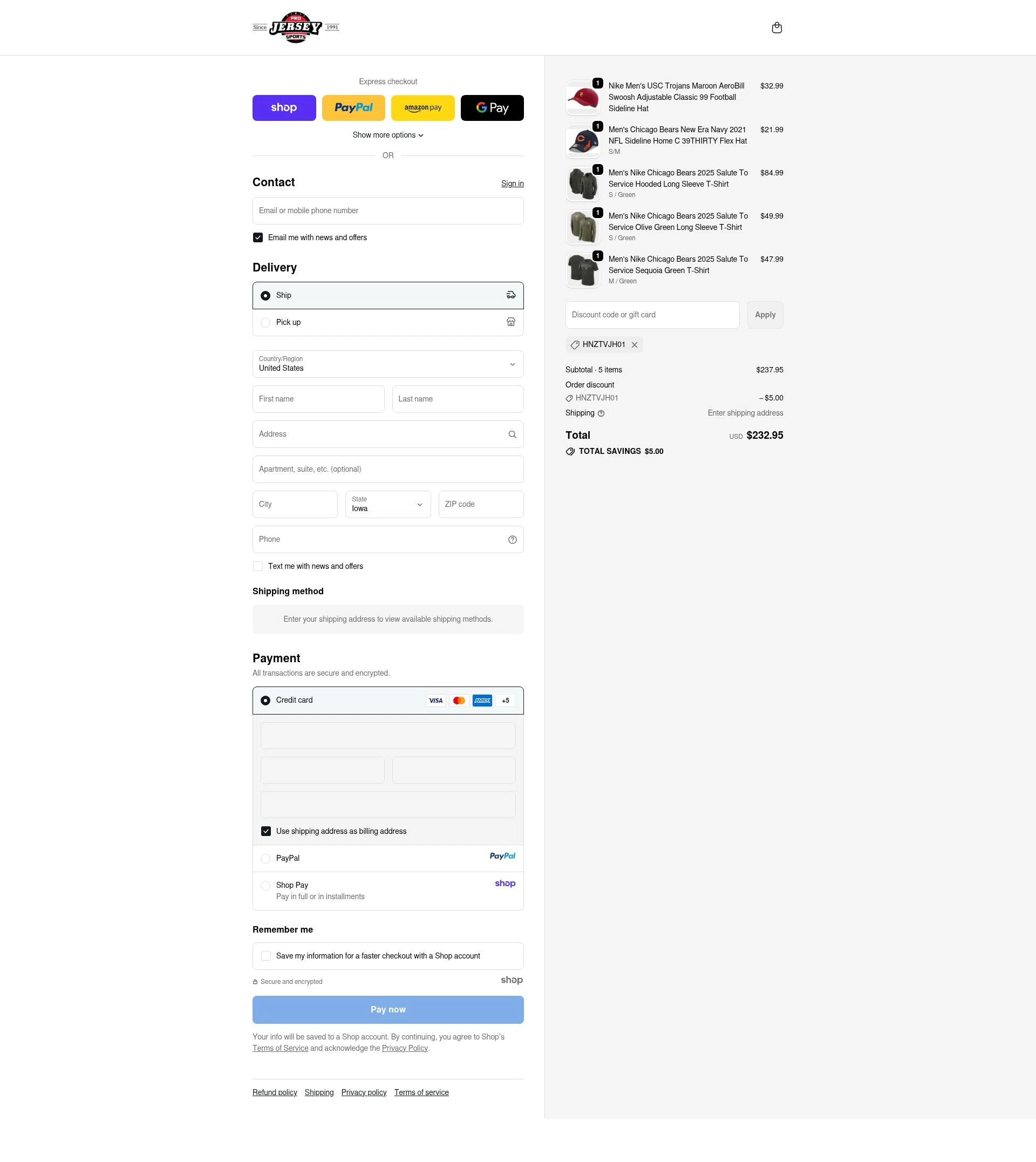 Pro Jersey Sports checkout page showing Pro Jersey Sports promo code box | Screenshot taken by SimplyCodes community member on Oct 17, 2025