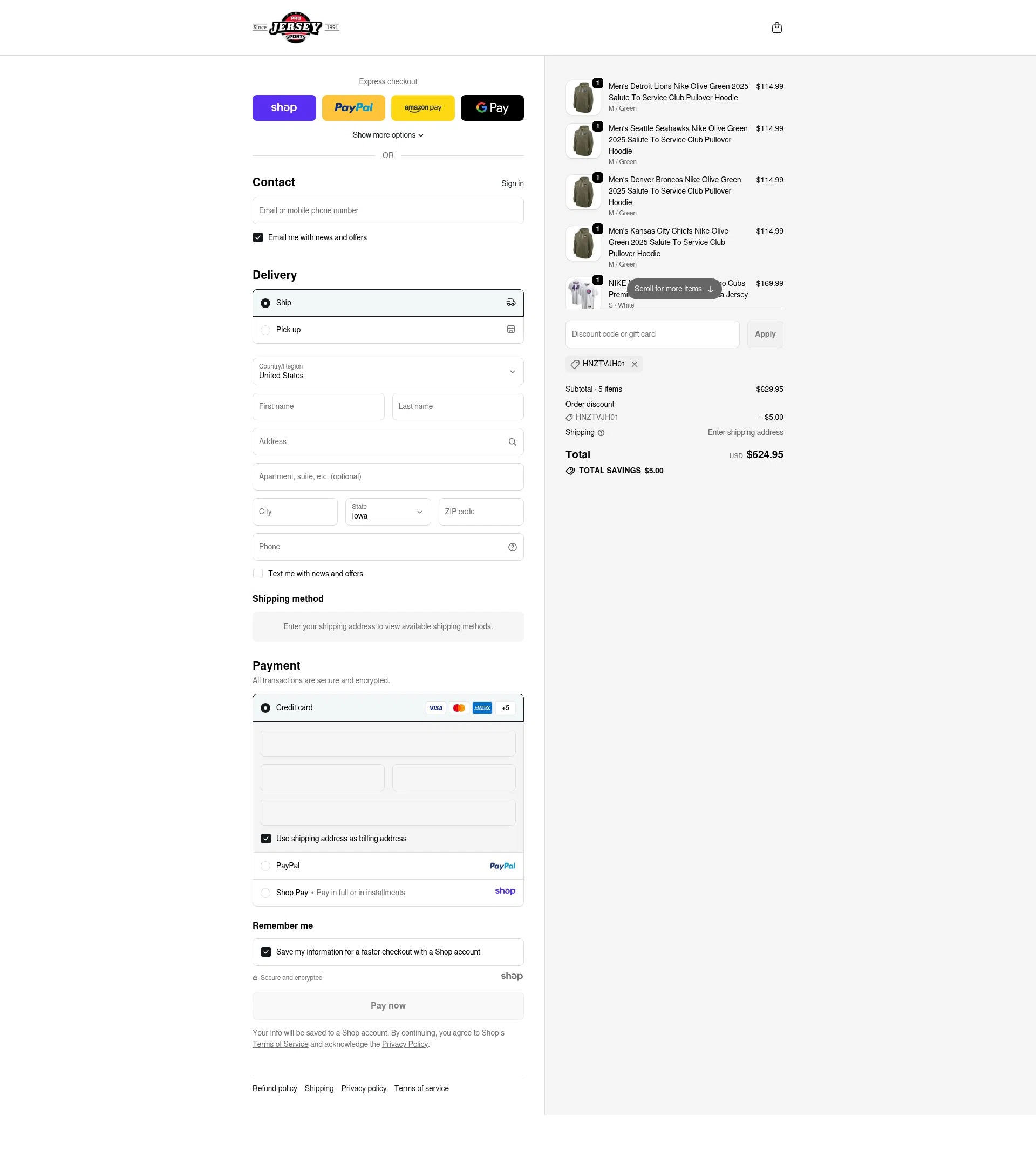 Pro Jersey Sports checkout page showing Pro Jersey Sports promo code box | Screenshot taken by SimplyCodes community member on Nov 7, 2025