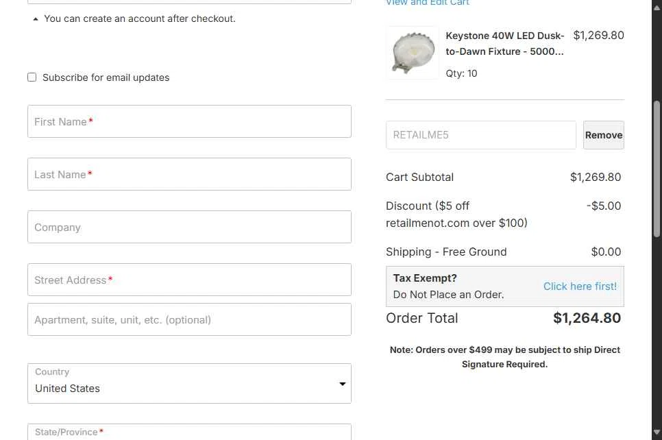 PRO Lighting checkout page showing PRO Lighting coupon code box | Screenshot taken by SimplyCodes community member on May 10, 2025
