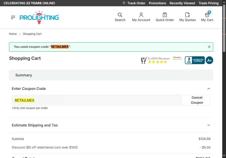 PRO Lighting checkout page showing PRO Lighting coupon code box | Screenshot taken by SimplyCodes community member on Nov 9, 2025