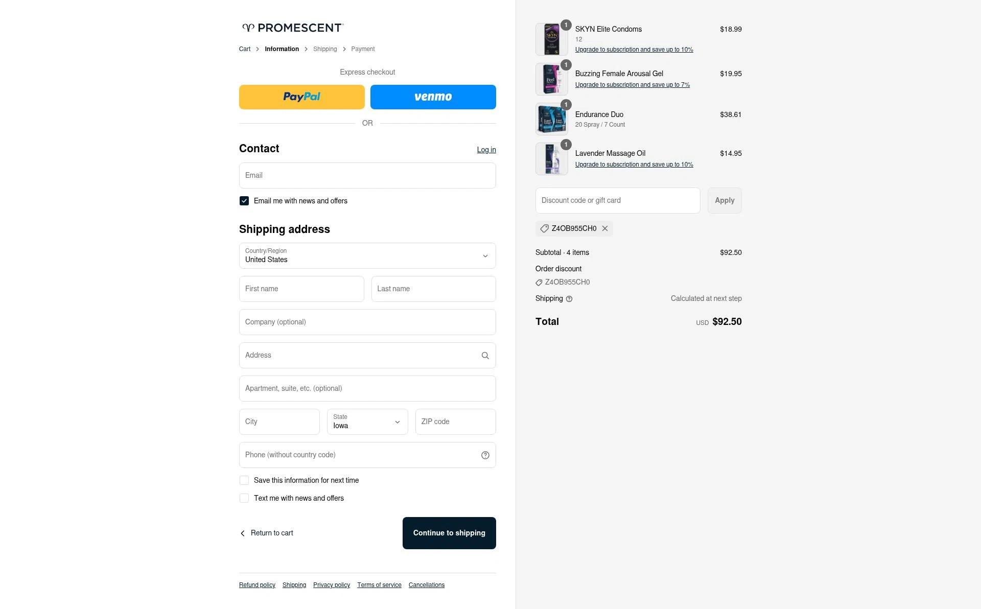 Promescent checkout page showing Promescent discount code box | Screenshot taken by SimplyCodes community member on Sep 4, 2025
