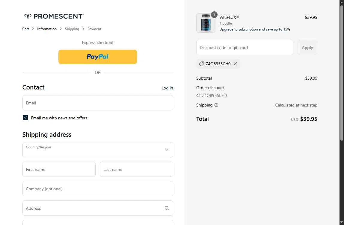 Promescent checkout page showing Promescent discount code box | Screenshot taken by SimplyCodes community member on Sep 1, 2025