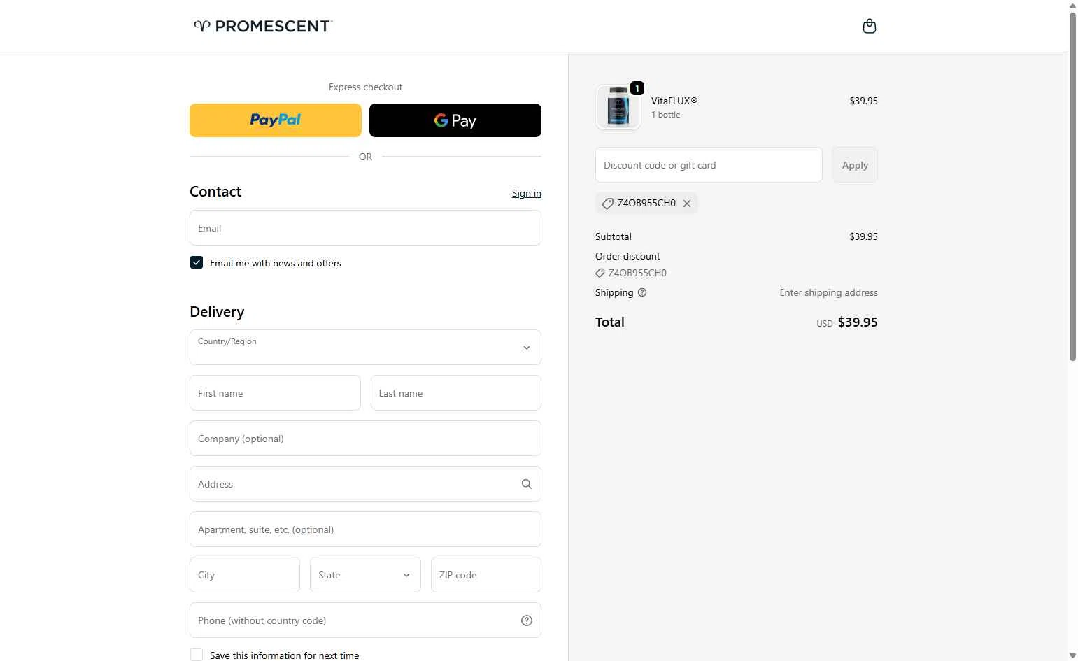 Promescent checkout page showing Promescent discount code box | Screenshot taken by SimplyCodes community member on Oct 31, 2025