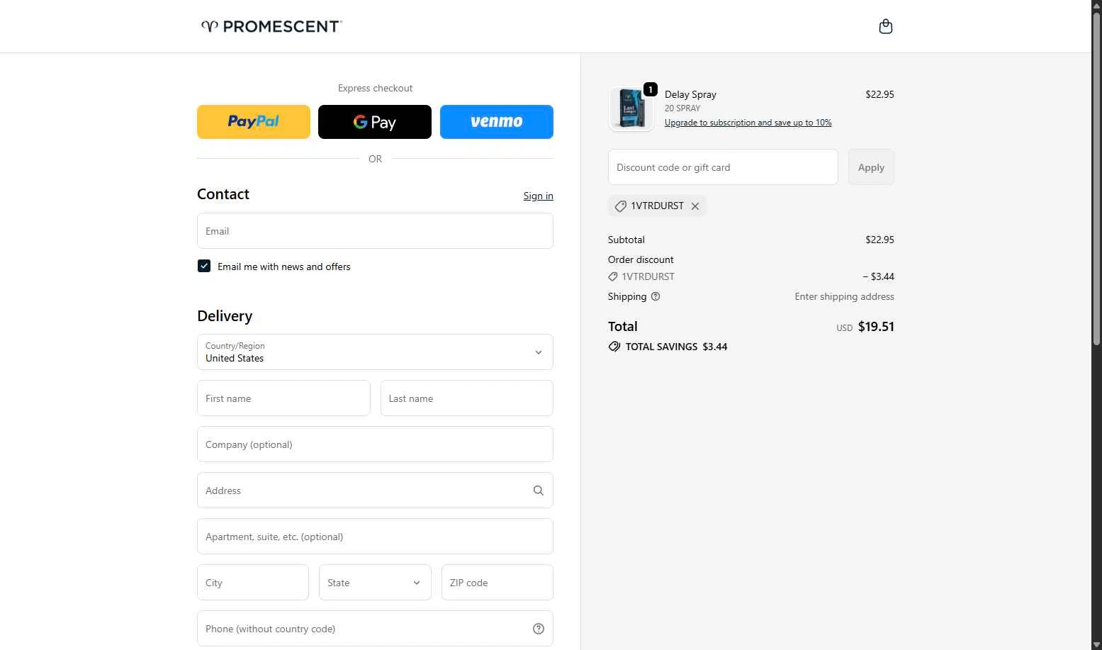 Promescent checkout page showing Promescent discount code box | Screenshot taken by SimplyCodes community member on Nov 26, 2025