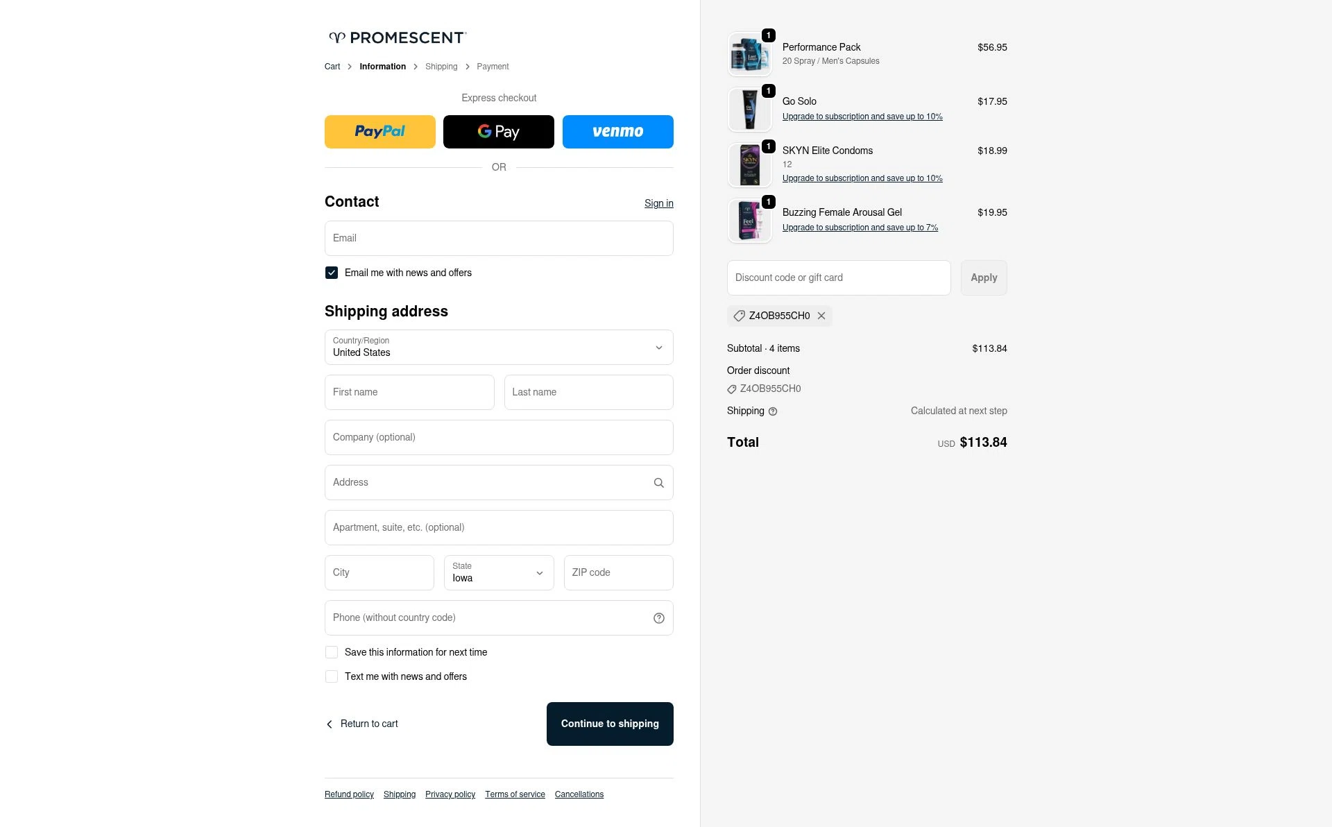 Promescent checkout page showing Promescent discount code box | Screenshot taken by SimplyCodes community member on Sep 21, 2025