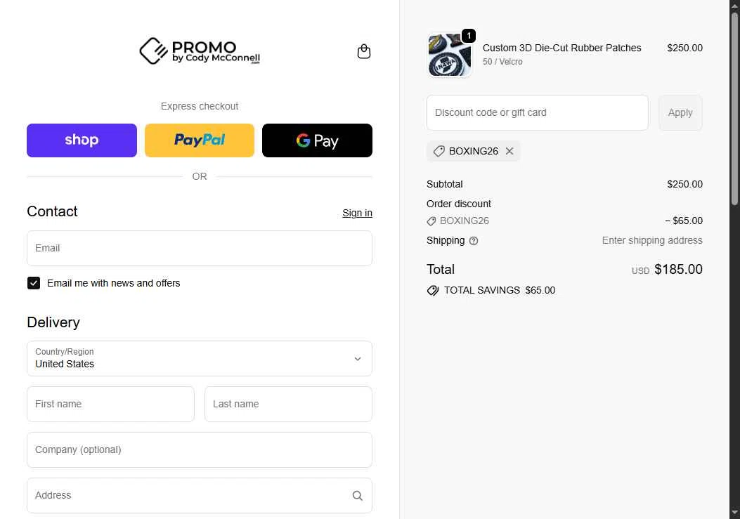 Promo by Cody McConnell checkout page showing Promo by Cody McConnell promo code box | Screenshot taken by SimplyCodes community member on Dec 26, 2025