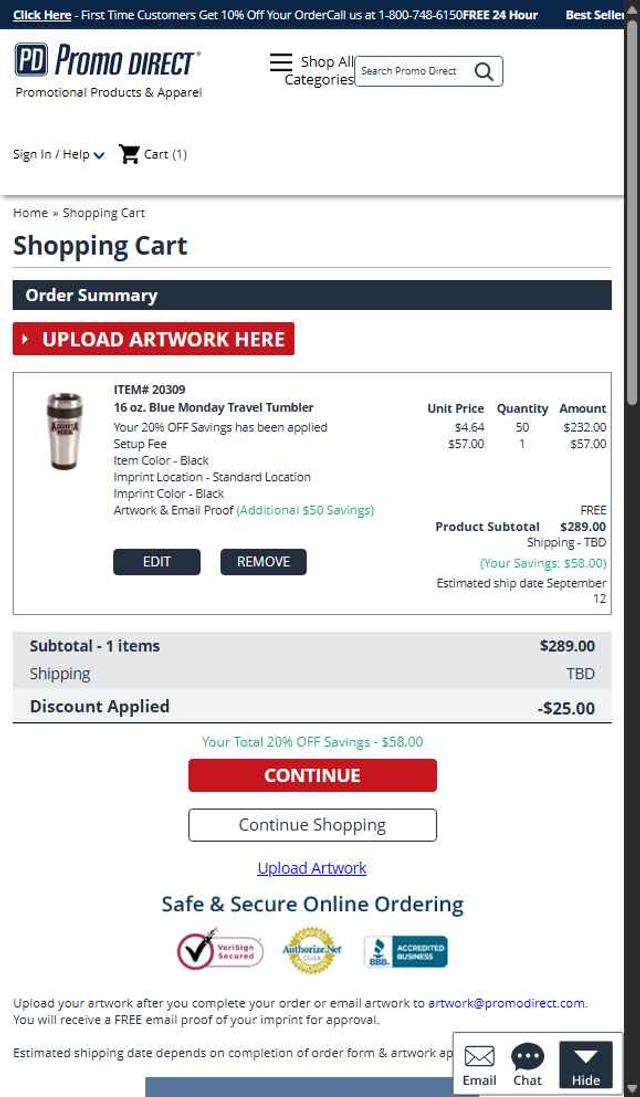 Promo Direct checkout page showing Promo Direct coupon code box | Screenshot taken by SimplyCodes community member on Sep 11, 2025
