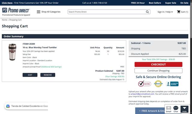 Promo Direct checkout page showing Promo Direct coupon code box | Screenshot taken by SimplyCodes community member on Aug 13, 2025