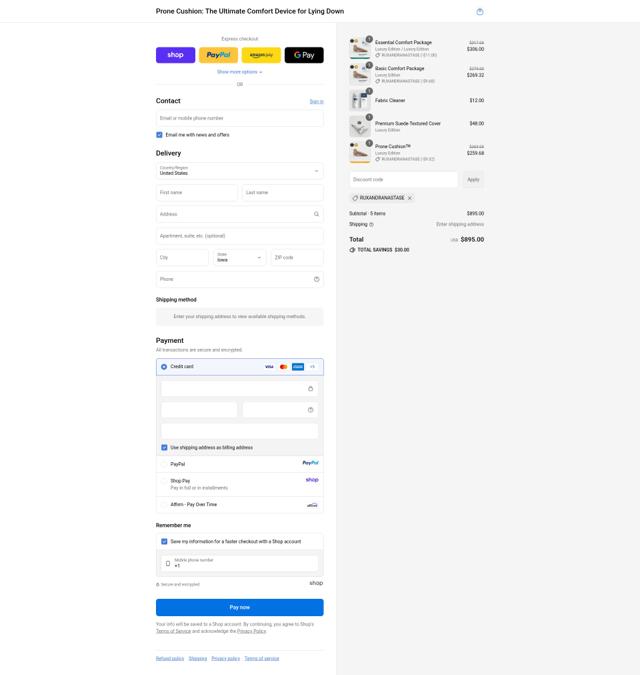 Prone Cushion checkout page showing Prone Cushion discount code box | Screenshot taken by SimplyCodes community member on Sep 10, 2025