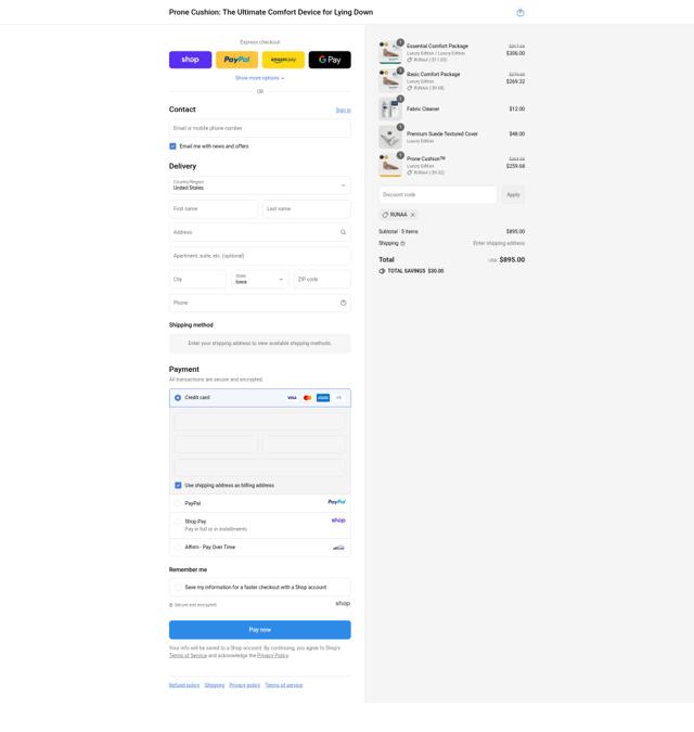 Prone Cushion checkout page showing Prone Cushion discount code box | Screenshot taken by SimplyCodes community member on Sep 10, 2025