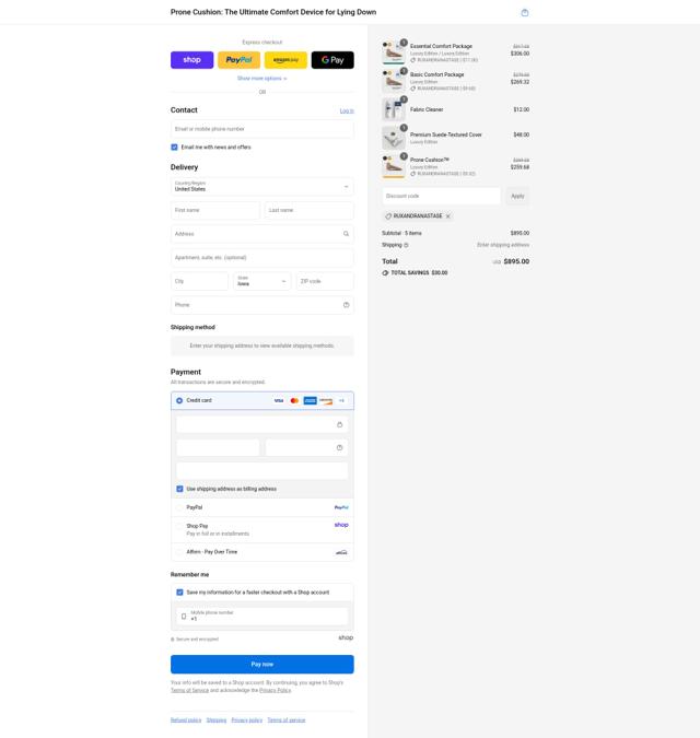 Prone Cushion checkout page showing Prone Cushion discount code box | Screenshot taken by SimplyCodes community member on Sep 2, 2025