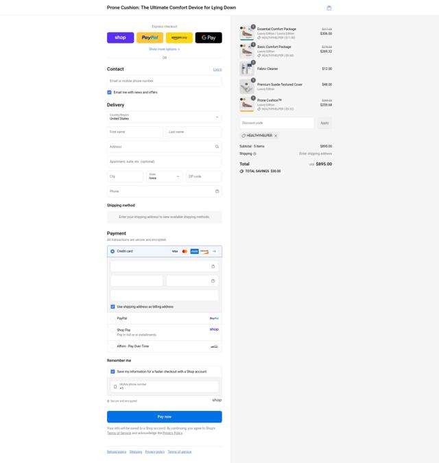 Prone Cushion checkout page showing Prone Cushion discount code box | Screenshot taken by SimplyCodes community member on Sep 7, 2025