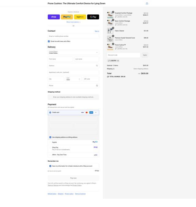 Prone Cushion checkout page showing Prone Cushion discount code box | Screenshot taken by SimplyCodes community member on Sep 10, 2025