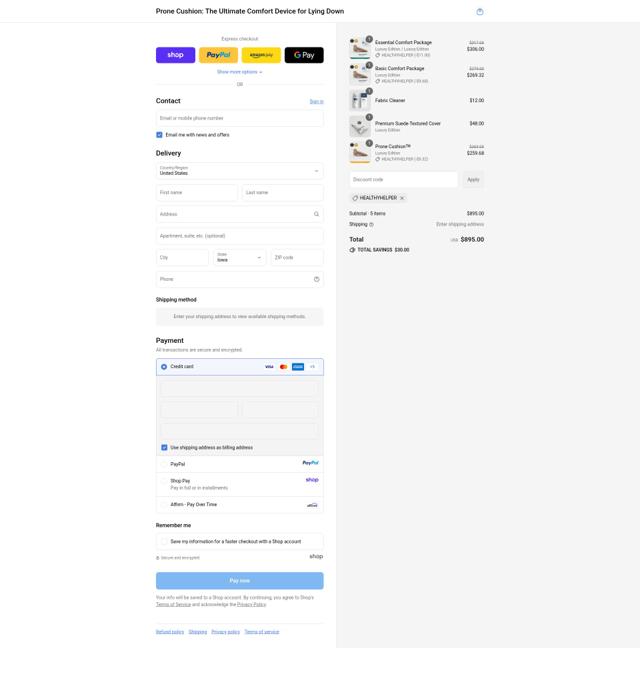 Prone Cushion checkout page showing Prone Cushion discount code box | Screenshot taken by SimplyCodes community member on Sep 10, 2025
