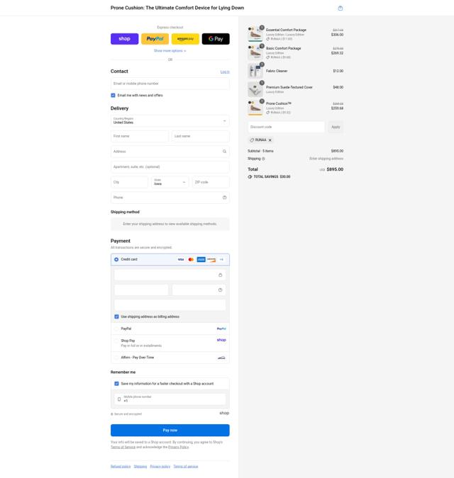 Prone Cushion checkout page showing Prone Cushion discount code box | Screenshot taken by SimplyCodes community member on Sep 7, 2025