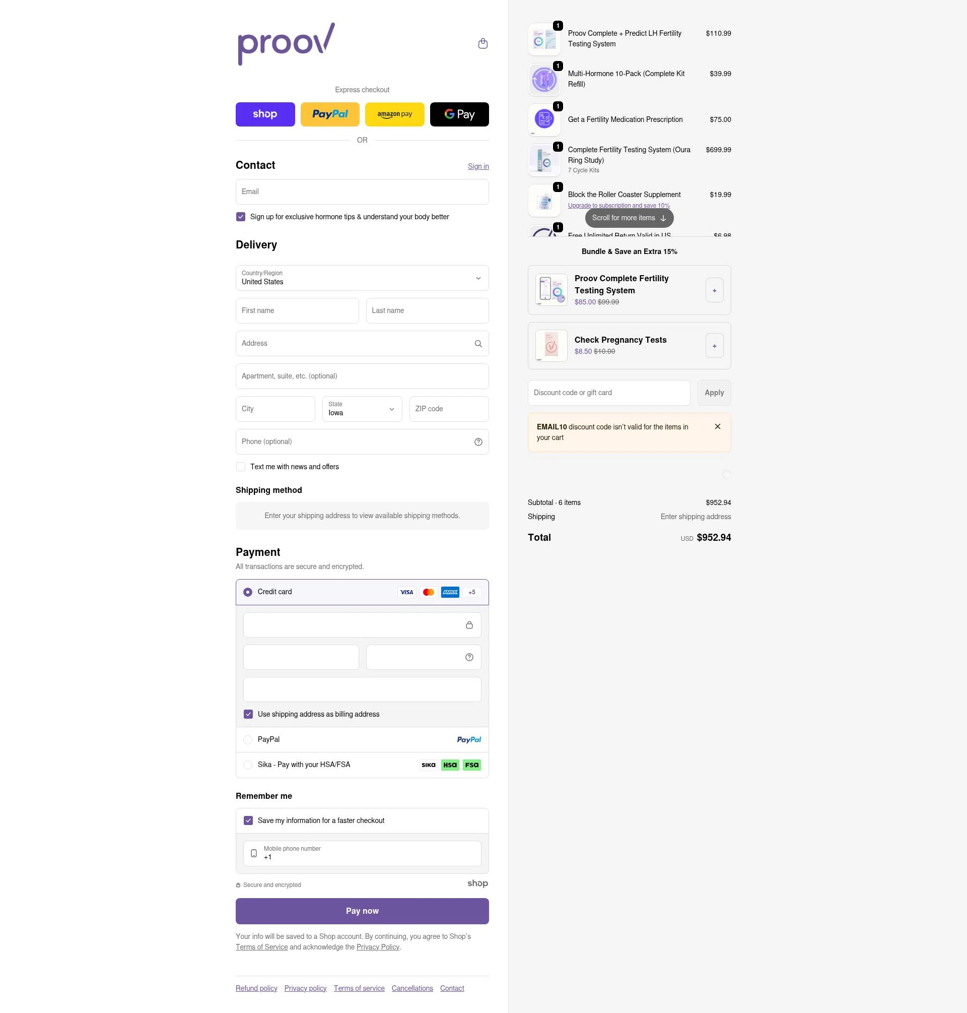 Proov Test checkout page showing Proov Test discount code box | Screenshot taken by SimplyCodes community member on Jan 5, 2026