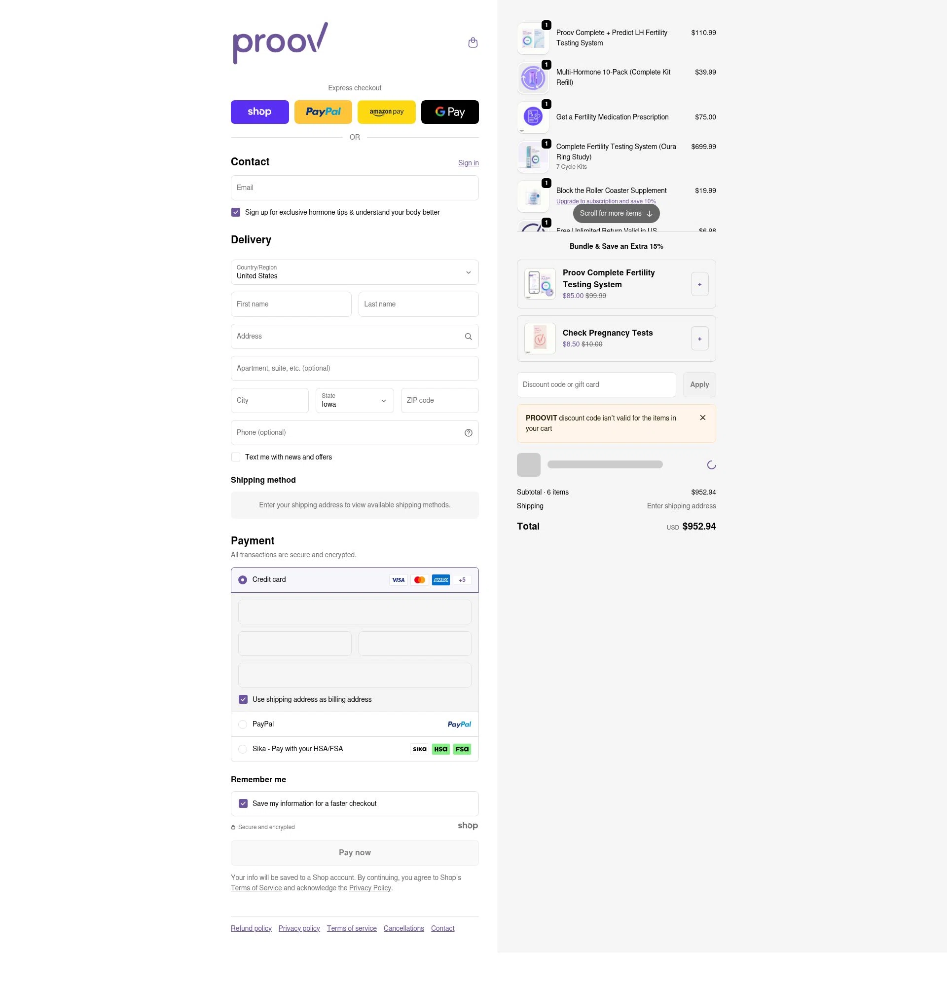 Proov Test checkout page showing Proov Test discount code box | Screenshot taken by SimplyCodes community member on Jan 5, 2026