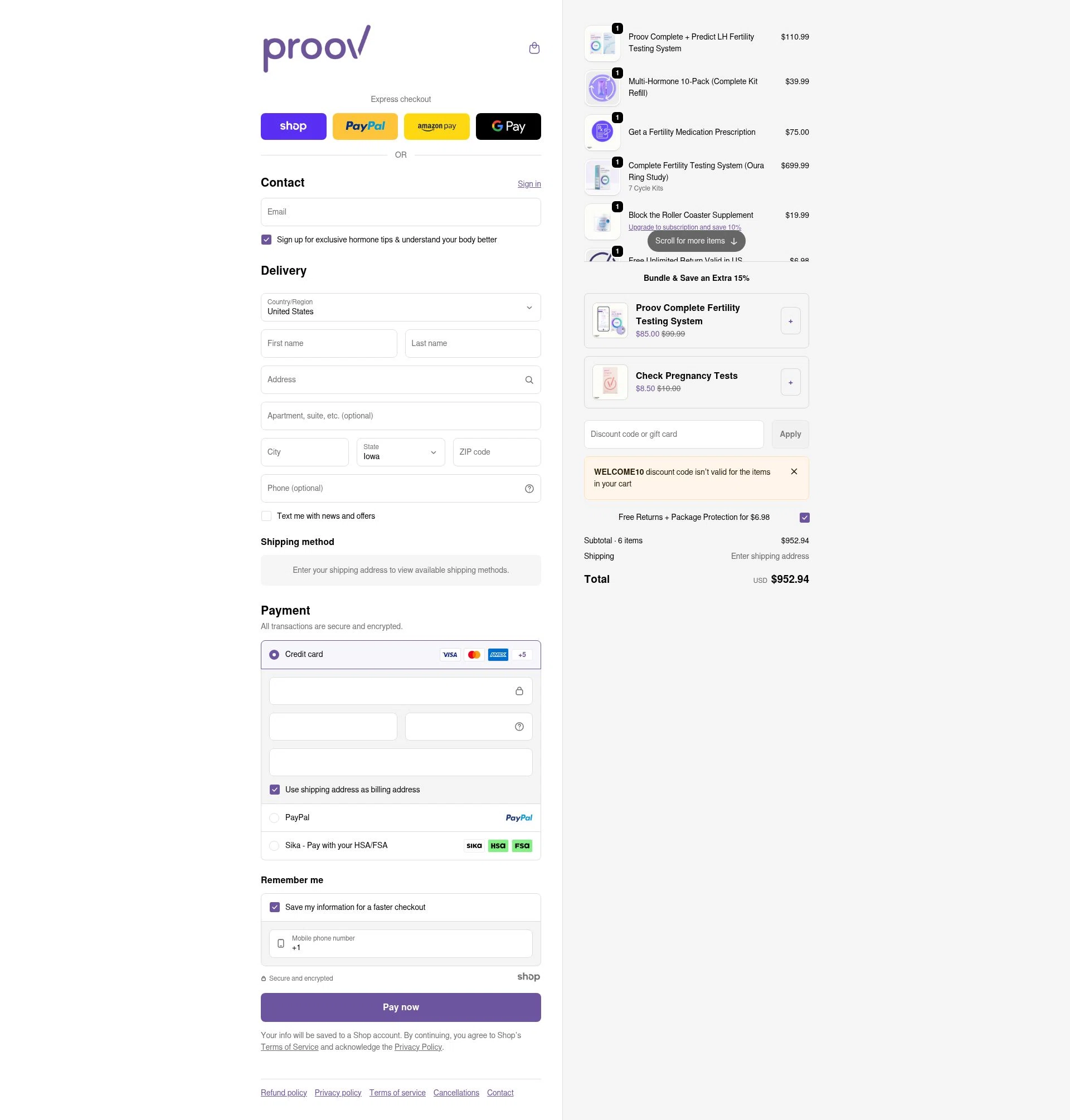 Proov Test checkout page showing Proov Test discount code box | Screenshot taken by SimplyCodes community member on Jan 5, 2026