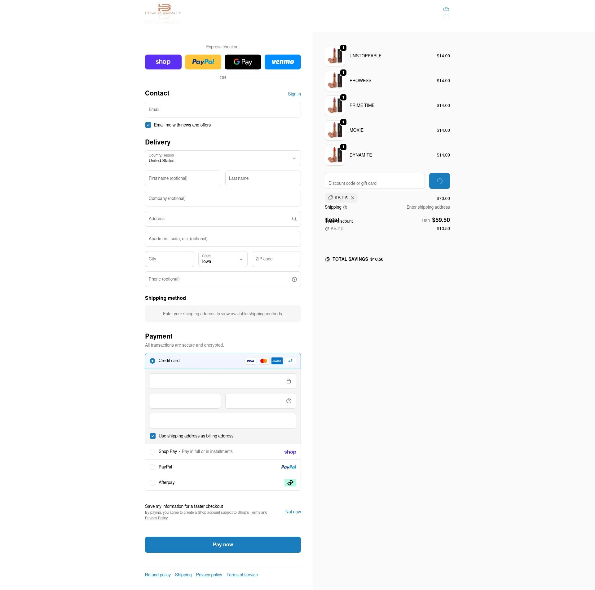 Propa Beauty checkout page showing Propa Beauty promo code box | Screenshot taken by SimplyCodes community member on Feb 14, 2026