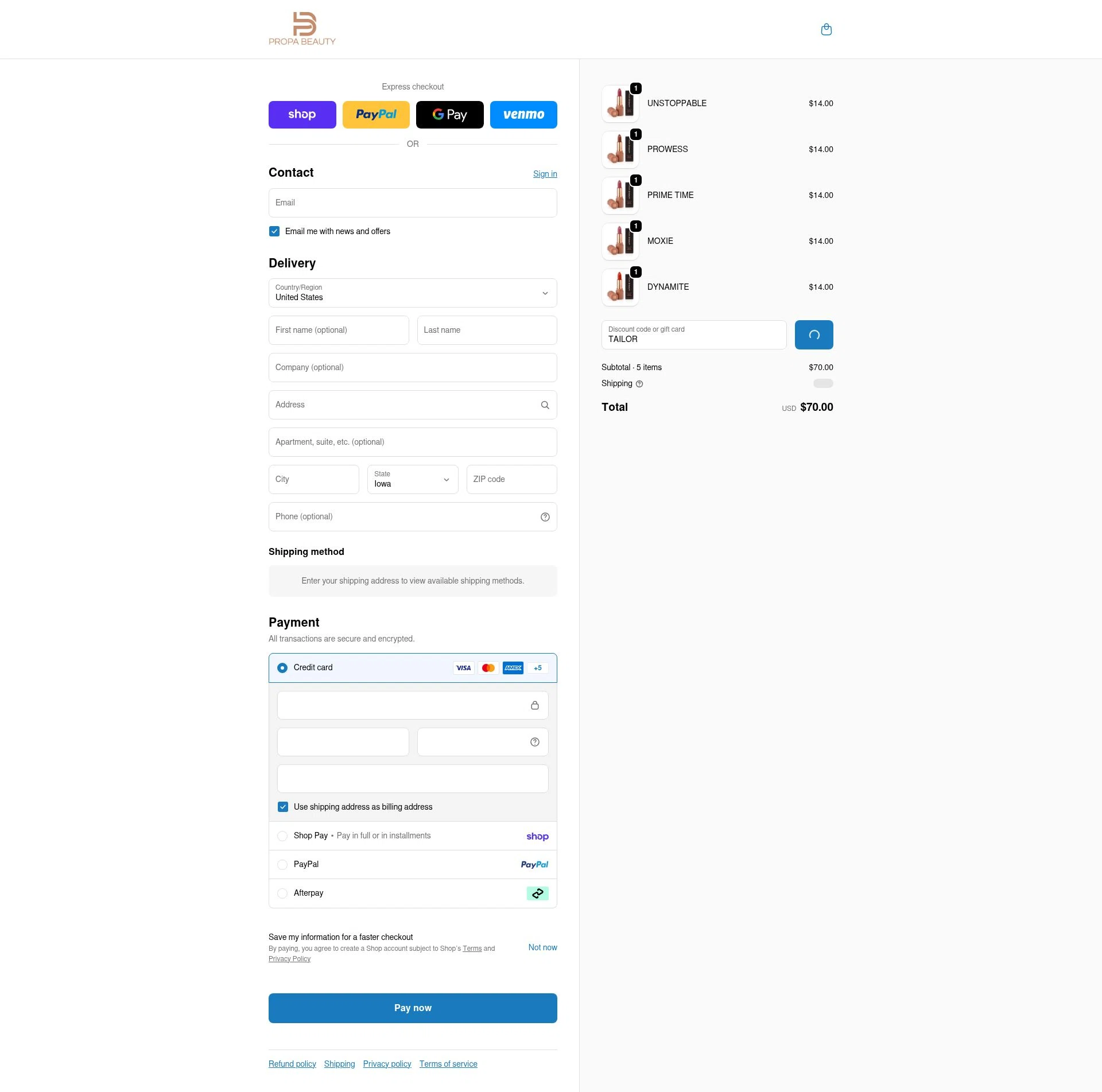 Propa Beauty checkout page showing Propa Beauty promo code box | Screenshot taken by SimplyCodes community member on Feb 14, 2026