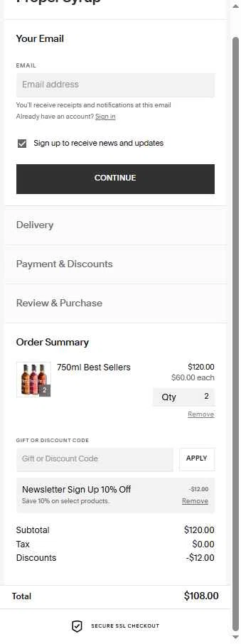 Proper Syrups checkout page showing Proper Syrups promo code box | Screenshot taken by SimplyCodes community member on Jun 28, 2025