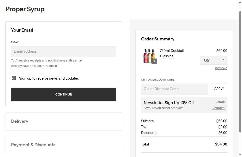 Proper Syrups checkout page showing Proper Syrups promo code box | Screenshot taken by SimplyCodes community member on Jul 27, 2025