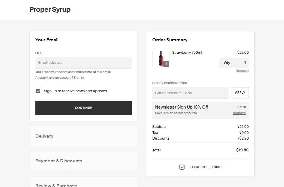 Proper Syrups checkout page showing Proper Syrups promo code box | Screenshot taken by SimplyCodes community member on Apr 2, 2025