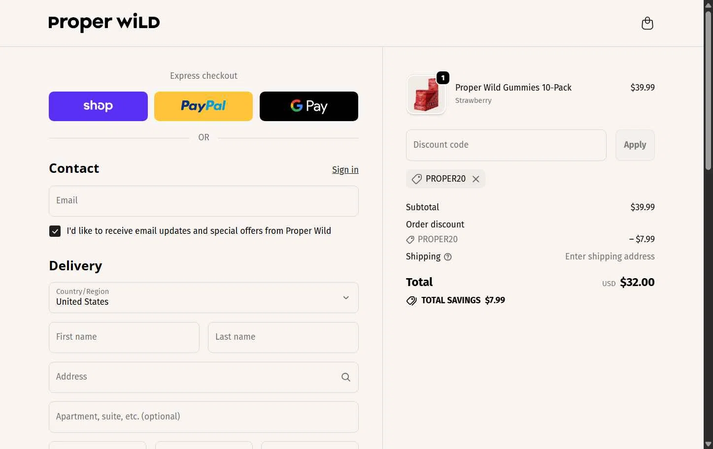 Proper Wild checkout page showing Proper Wild discount code box | Screenshot taken by SimplyCodes community member on Oct 6, 2025