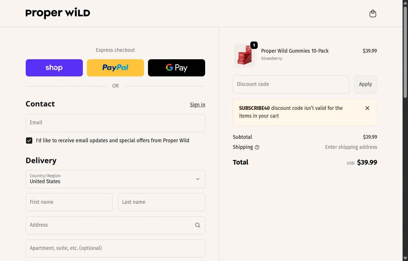 Proper Wild checkout page showing Proper Wild discount code box | Screenshot taken by SimplyCodes community member on Dec 19, 2025
