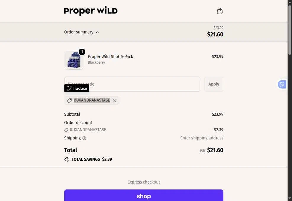 Proper Wild checkout page showing Proper Wild discount code box | Screenshot taken by SimplyCodes community member on Dec 19, 2025
