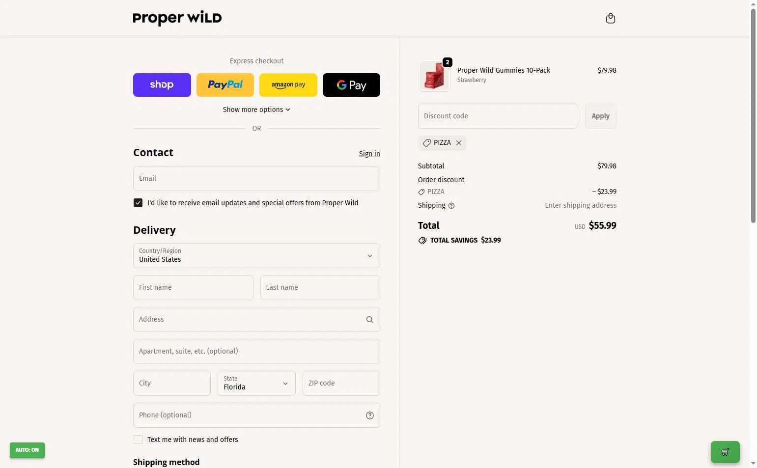 Proper Wild checkout page showing Proper Wild discount code box | Screenshot taken by SimplyCodes community member on Oct 22, 2025