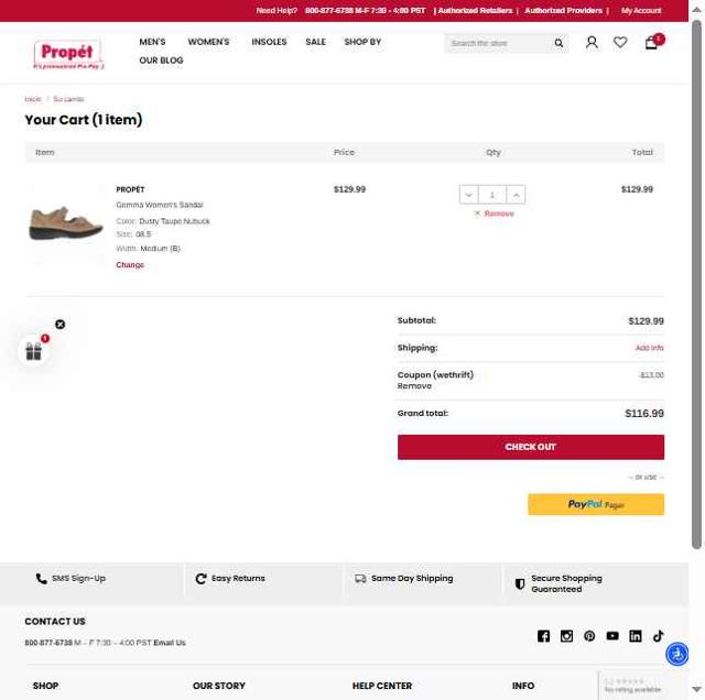 Propet Footwear checkout page showing Propet Footwear coupon code box | Screenshot taken by SimplyCodes community member on Jul 28, 2025
