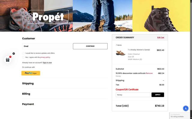 Propet Footwear checkout page showing Propet Footwear coupon code box | Screenshot taken by SimplyCodes community member on Jul 25, 2025
