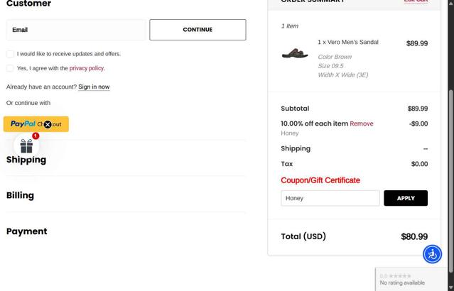 Propet Footwear checkout page showing Propet Footwear coupon code box | Screenshot taken by SimplyCodes community member on Jul 25, 2025