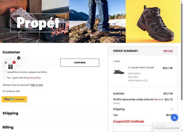 Propet Footwear checkout page showing Propet Footwear coupon code box | Screenshot taken by SimplyCodes community member on Jul 25, 2025