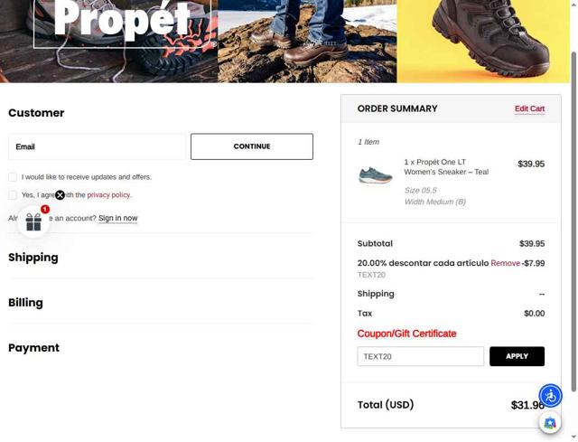 Propet Footwear checkout page showing Propet Footwear coupon code box | Screenshot taken by SimplyCodes community member on Aug 29, 2025